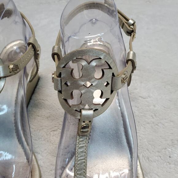 Tory Burch Gold Metallic Bohemian Formal T Strap Sandal Buckle Wedge Heels 10 M - Picture 6 of 16